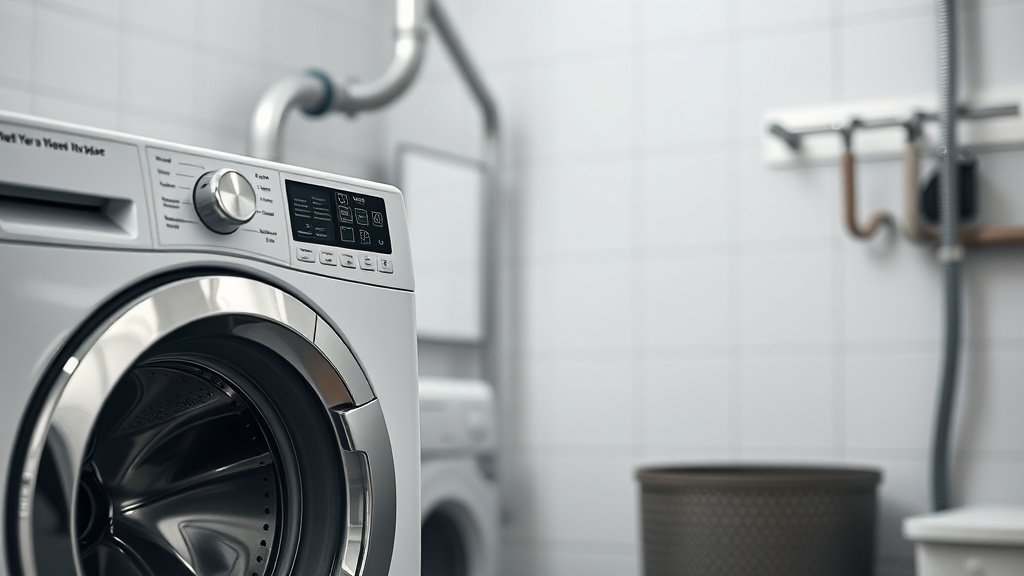 Detail eines Waschmaschinenanschlusses mit Zulaufschlauch, Ablauf und Wasserhahn als Beispiel für sichere Montage in der Wohnung.
