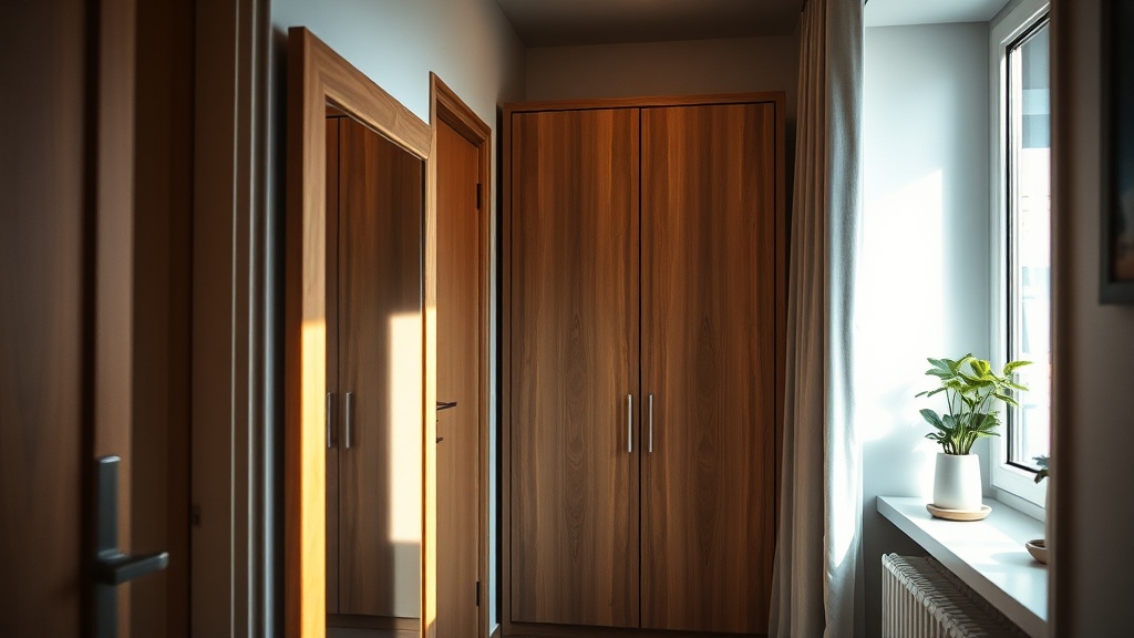 Schmaler deutscher Flur mit hellem Holzspiegel, Garderobe und warmer Beleuchtung als Beispiel für Flurspiegel richtig planen.