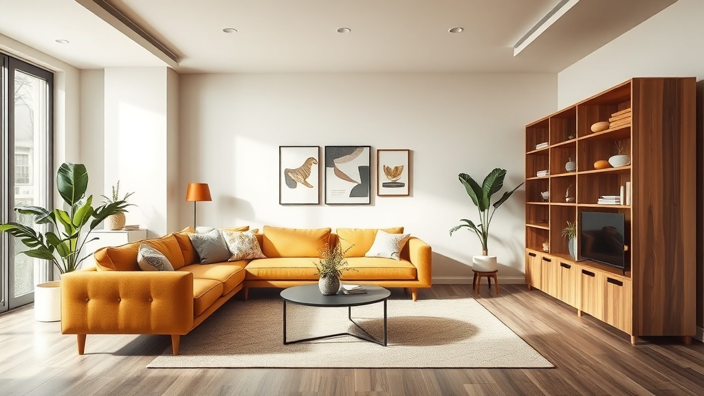 Modernes Wohnzimmer mit beiger Wandfarbe, hellem Sofa und Holzregal als Beispiel für Wandfarbe Wohnzimmer und ruhige Farbplanung.